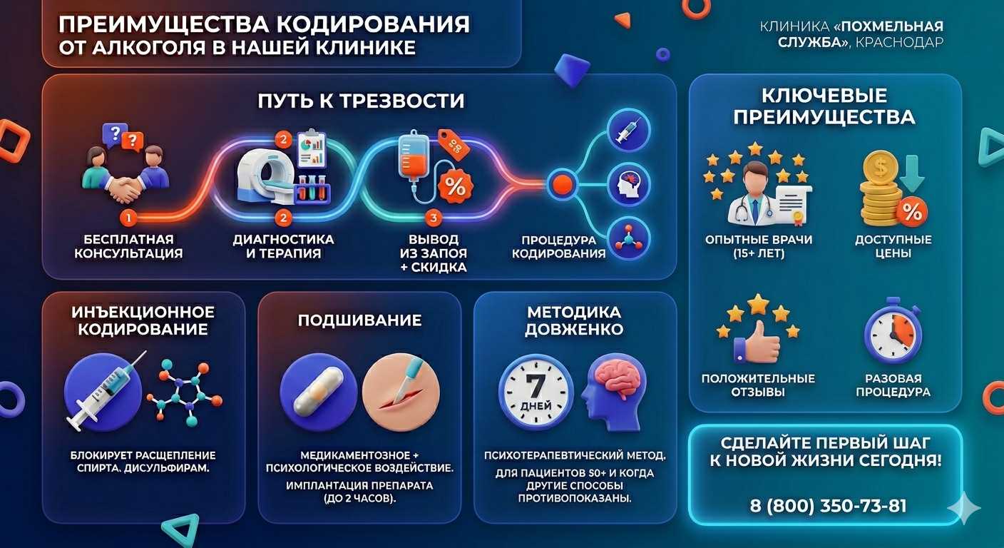 Инфографика о методах кодирования от алкоголя в Калининграде: инъекции, подшивание, метод Довженко. Преимущества клиники и этапы лечения.