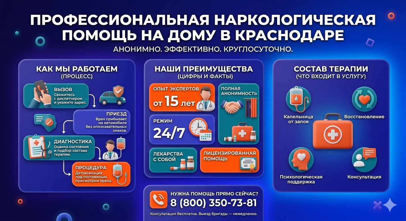 Инфографика о принципах лечения алкоголизма на дому в Калининграде: этапы вызова нарколога, преимущества анонимной детоксикации и состав медицинской помощи.